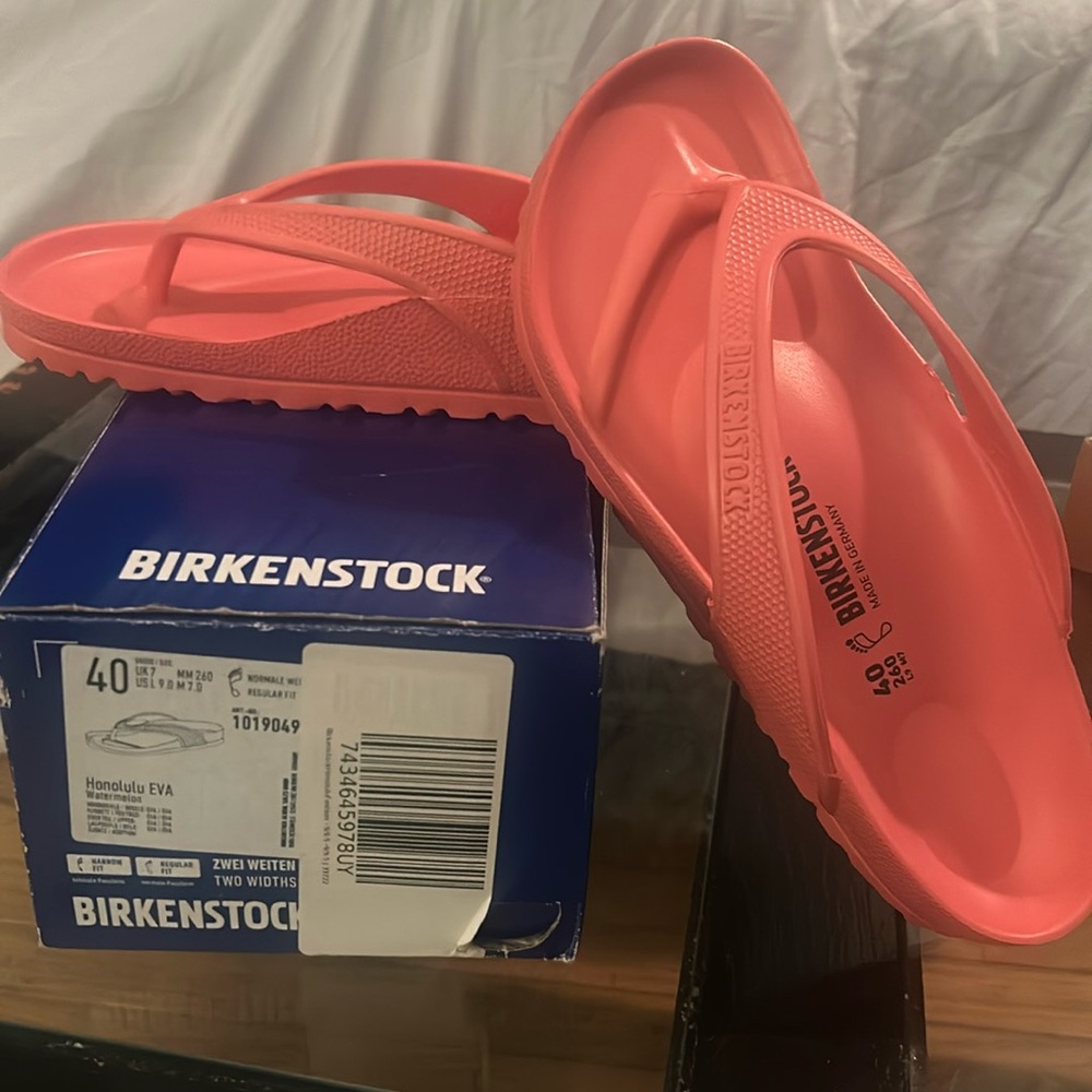 Birkenstock flip flops, never worn, watermelon!